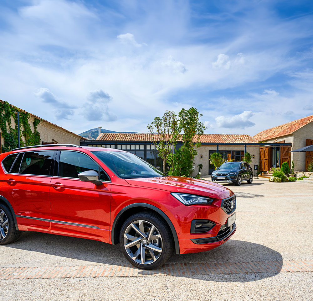 A luxury SUV is parked near a villa or hotel under a palm tree. Car road trip with comfort